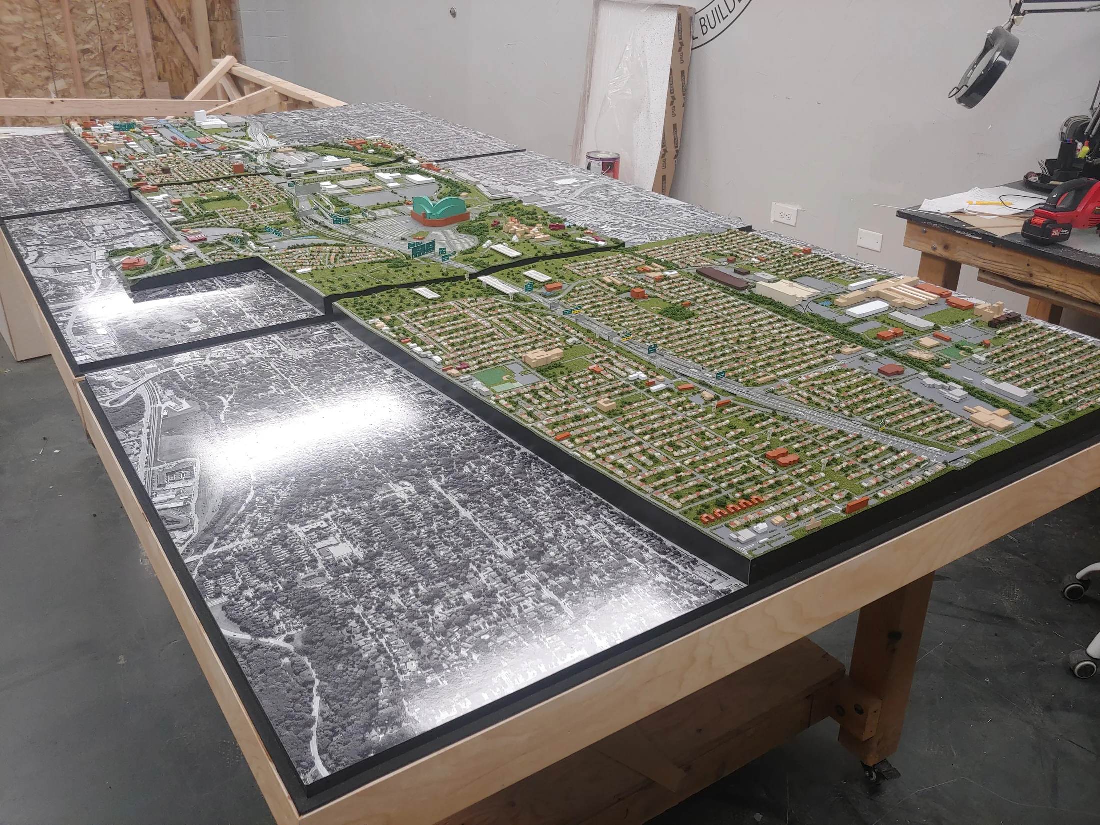 Wide view of the three-section I-94 East-West physical model, showing the corridor across Milwaukee.